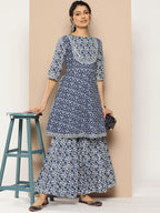 KSUT (House of Varanga) Indigo And White Floral Printed Flared Kurta Sharara Set | Grocsy