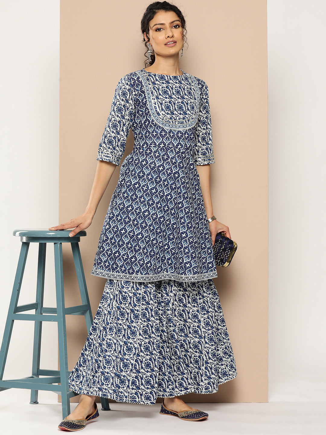 KSUT (House of Varanga) Indigo And White Floral Printed Flared Kurta Sharara Set | Grocsy