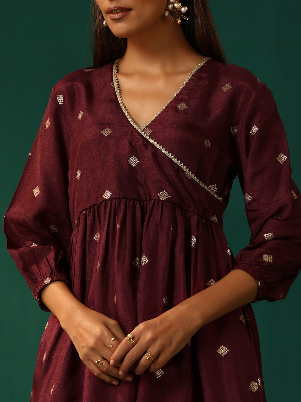 trueBrowns Wine Diamond Viscose Silk Waist Gathered Co-ord Set | Grocsy