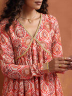trueBrowns Beige Print Flared Anarkali Kurta Set | Grocsy