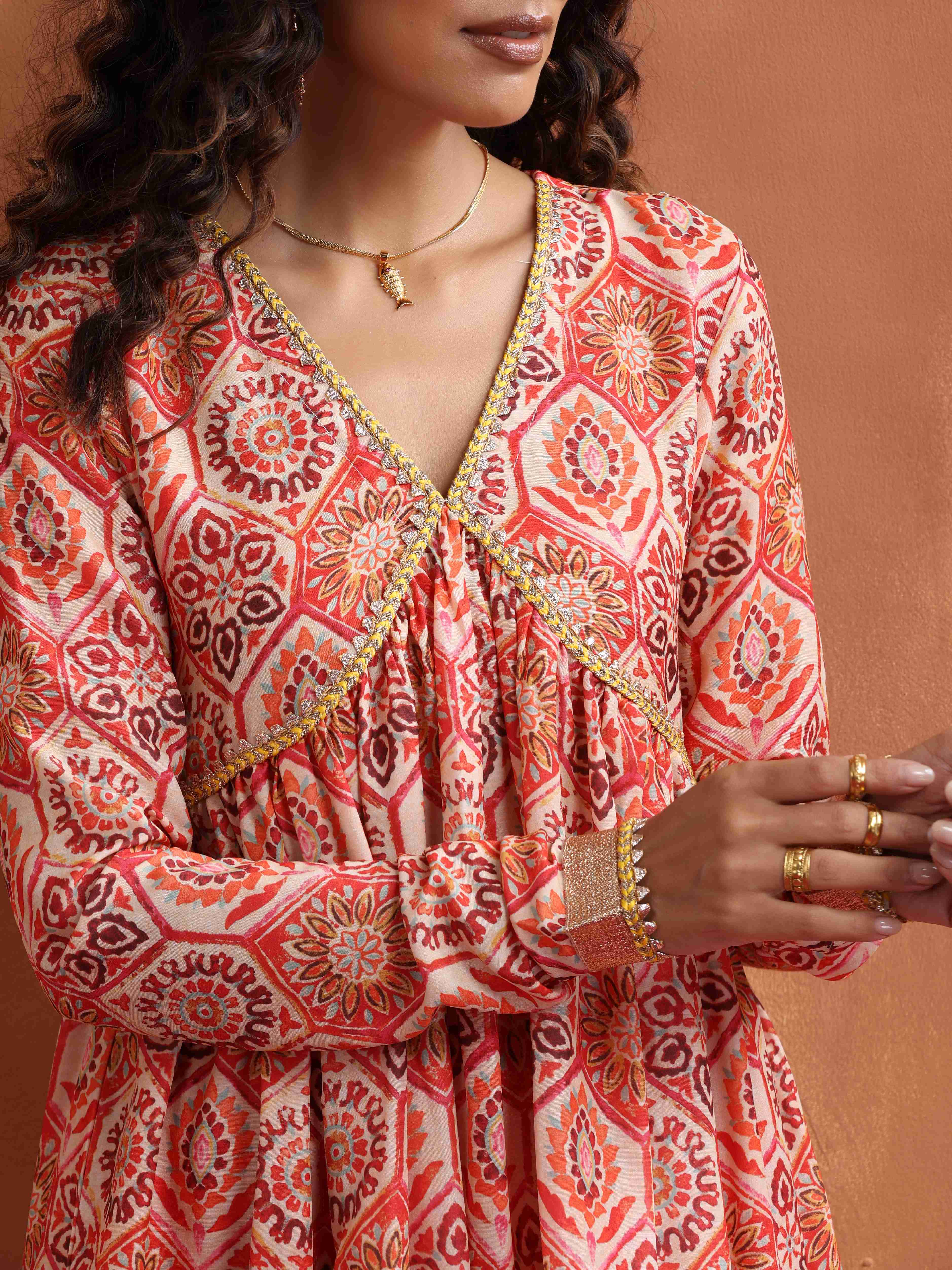 trueBrowns Beige Print Flared Anarkali Kurta Set | Grocsy