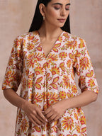 trueBrowns Red Overall Floral On White Cotton Block Print Kurta Pant Set | Grocsy