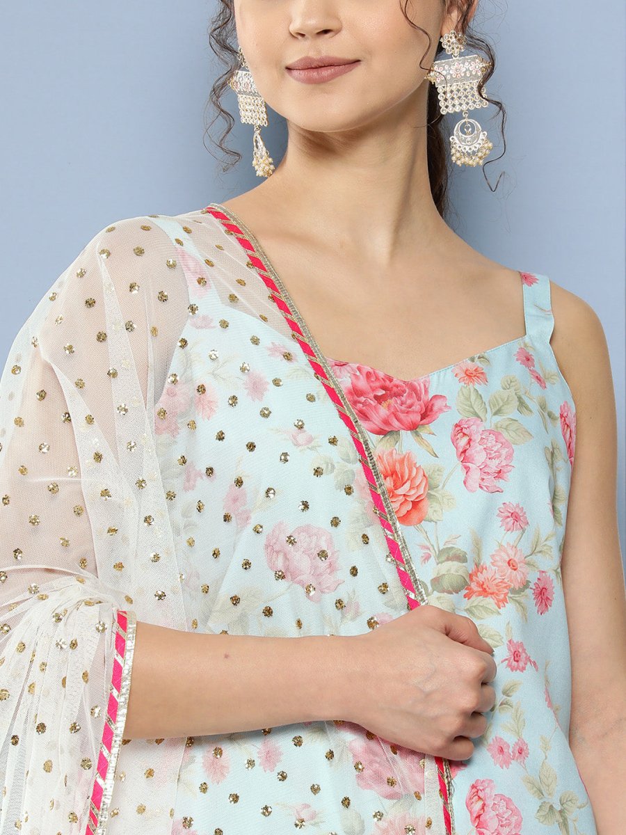 Ahalyaa Women Floral Printed Gotta Patti Kurti With Dhoti Pants & With Dupatta | Grocsy