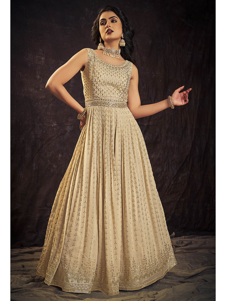 Myra Cream Real Georgette Designer Gown Style Suit | Grocsy