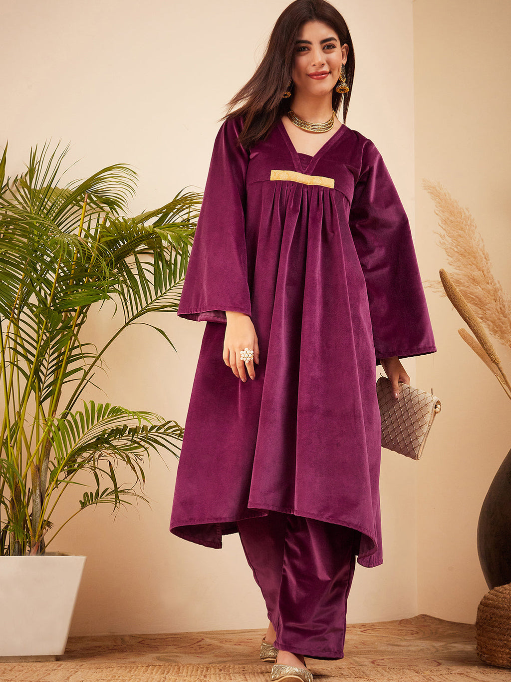 InWeave Women's Wine V Neck Asymmetrical Pleated Velvet Kurta Set | Grocsy