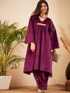 InWeave Women's Wine V Neck Asymmetrical Pleated Velvet Kurta Set | Grocsy