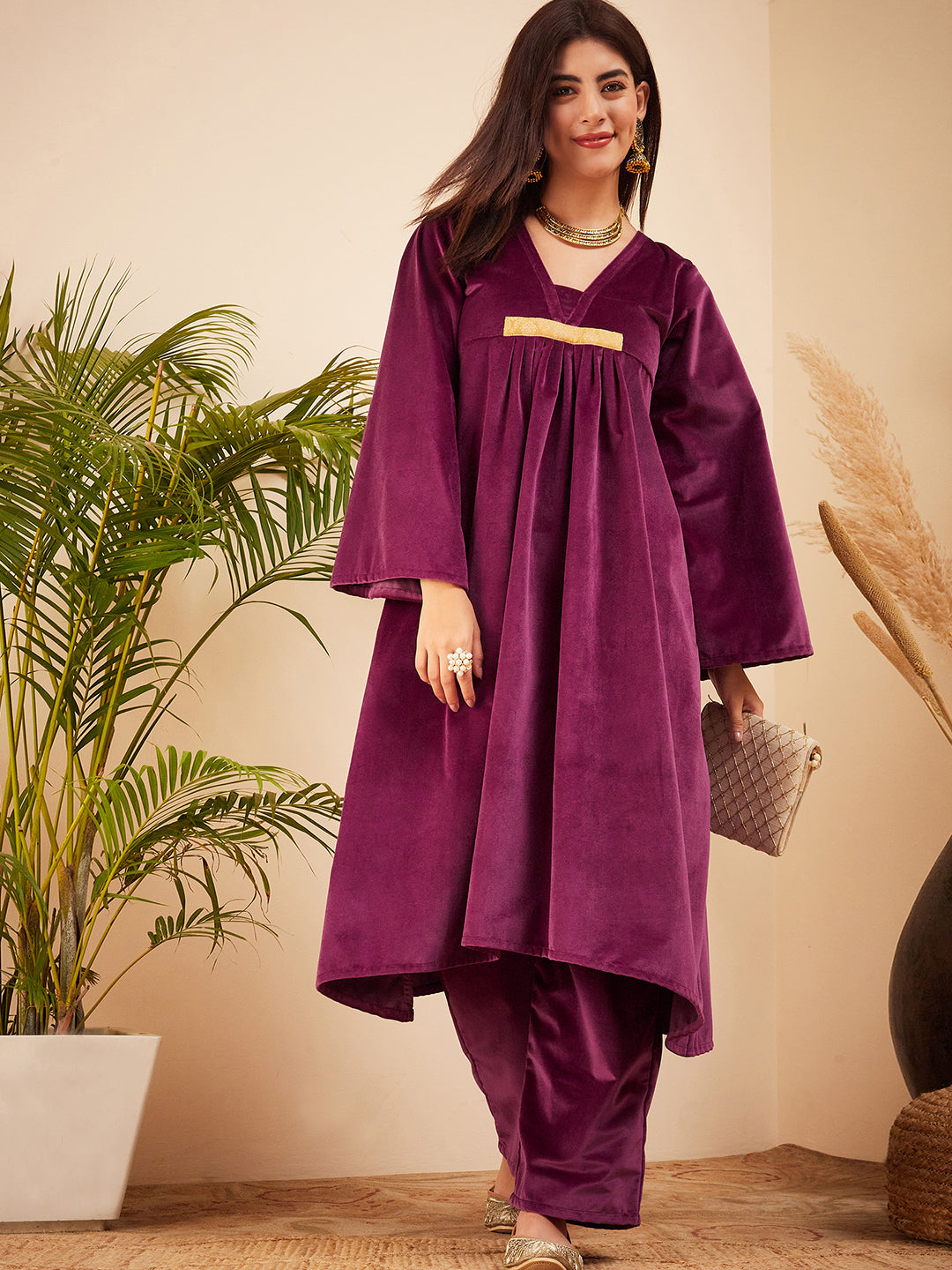 InWeave Women's Wine V Neck Asymmetrical Pleated Velvet Kurta Set | Grocsy