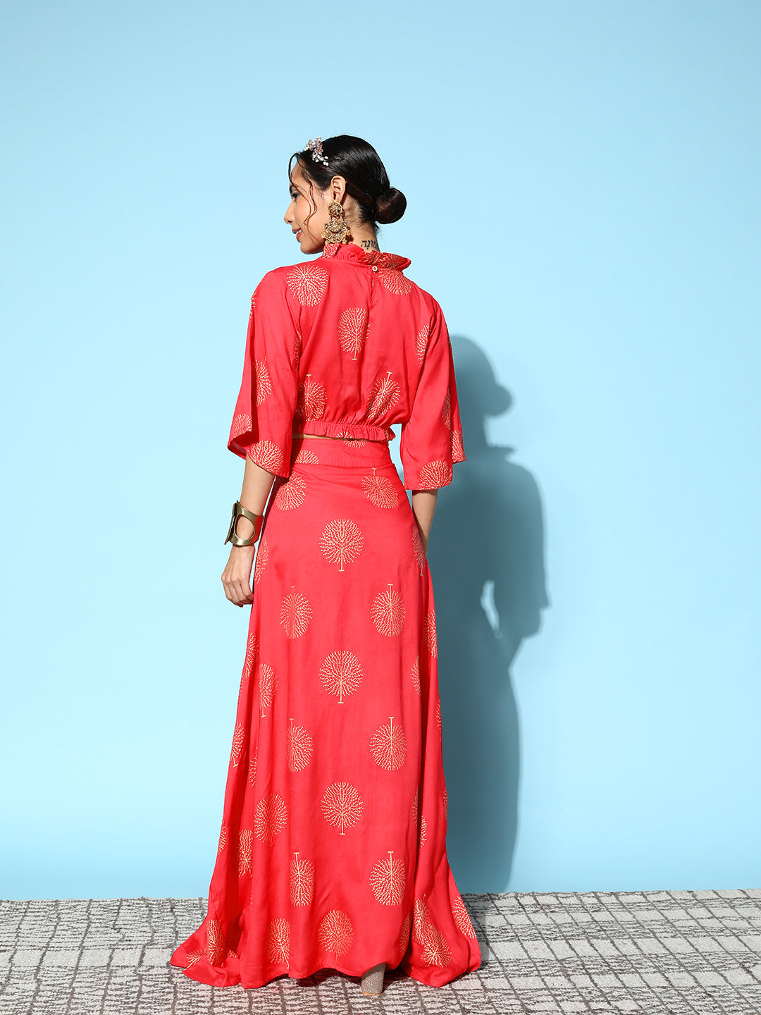 InWeave Women's Red Gold Printed Crop Top With Side Slit Skirt | Grocsy