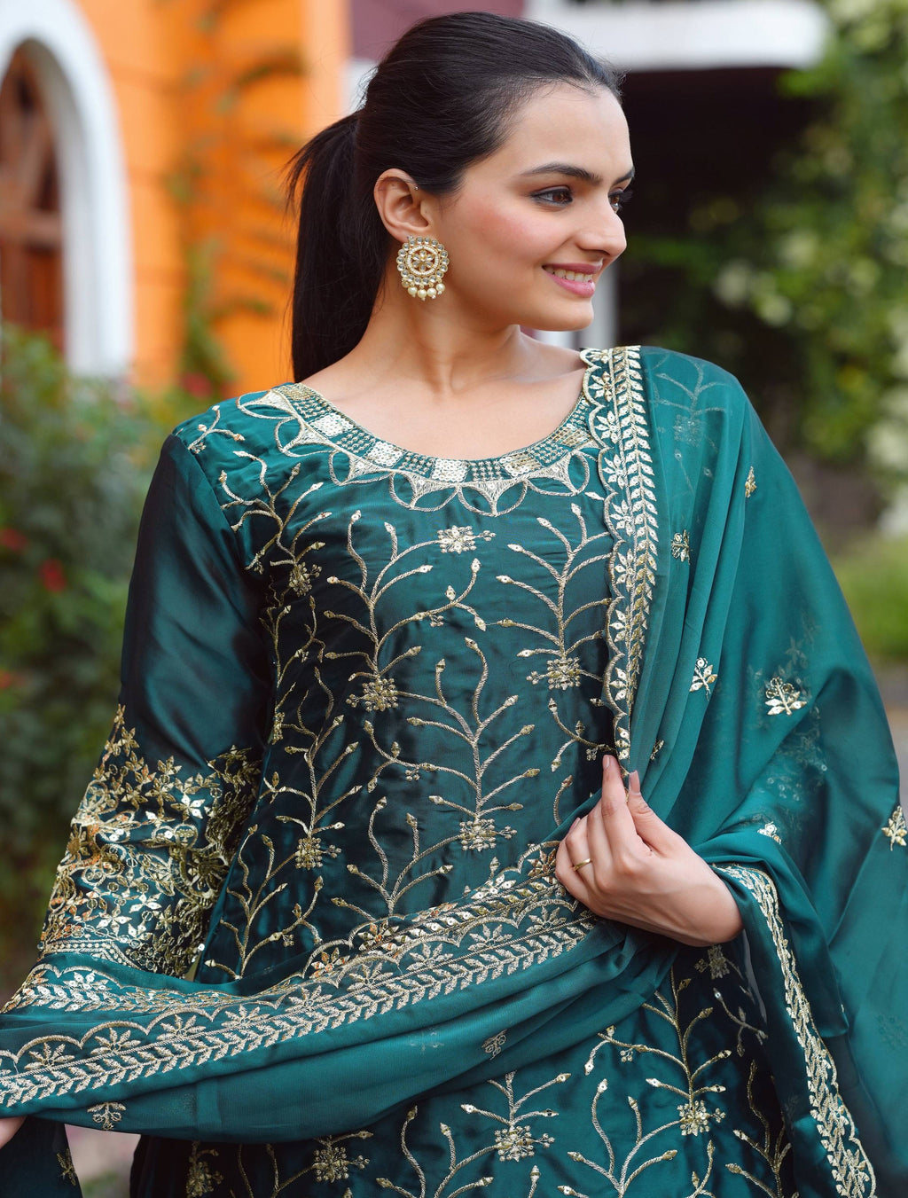 Yash Enterprise Festive Teal Green Sequence Embroidered Work Readymade Salwar Suit | Grocsy
