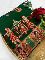 Lorenvalley Fashion Premium Green Vichitra Silk Embroidery and Diamond work Both Side Saree | Grocsy