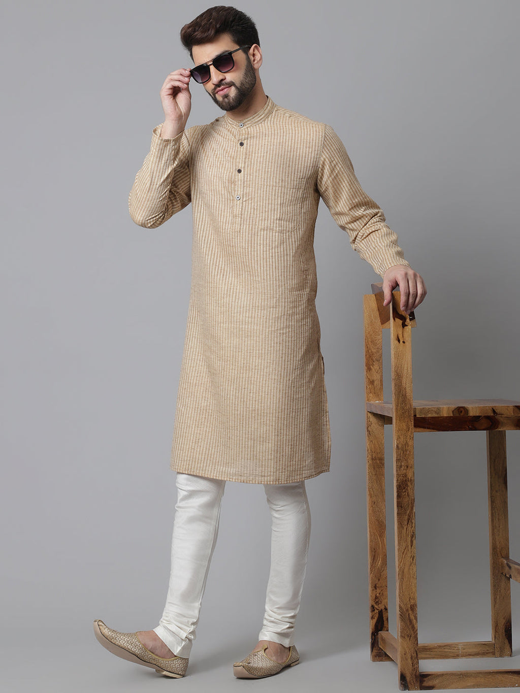 Indian Clothing Even Apparels Beige Solid Kurta With Band Collar | Grocsy