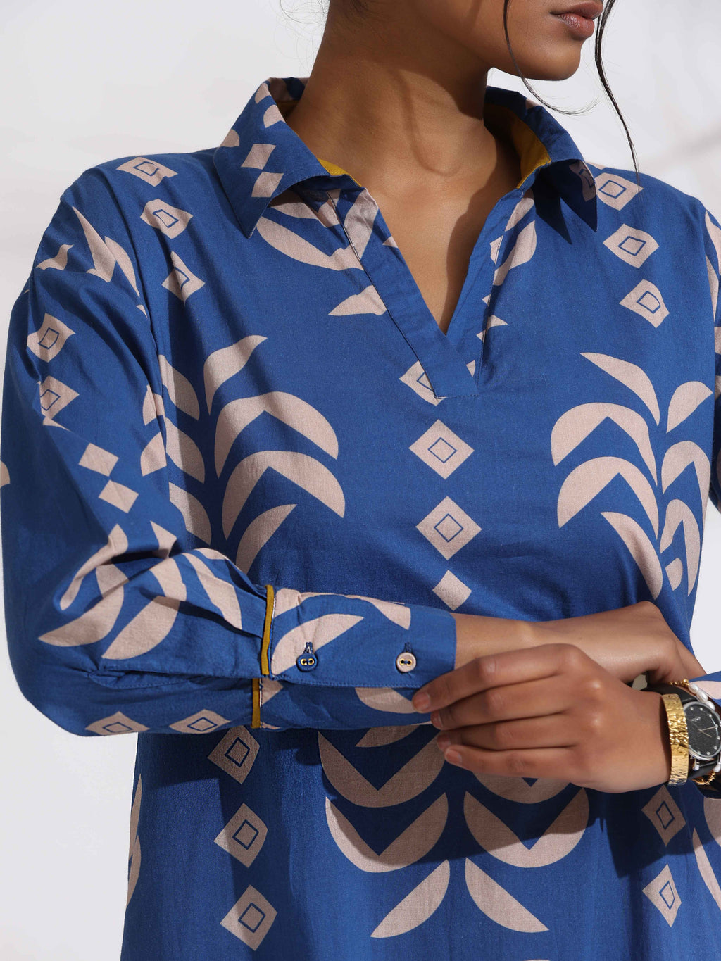 trueBrowns Blue Cotton Stripe Print Kurta Set | Grocsy