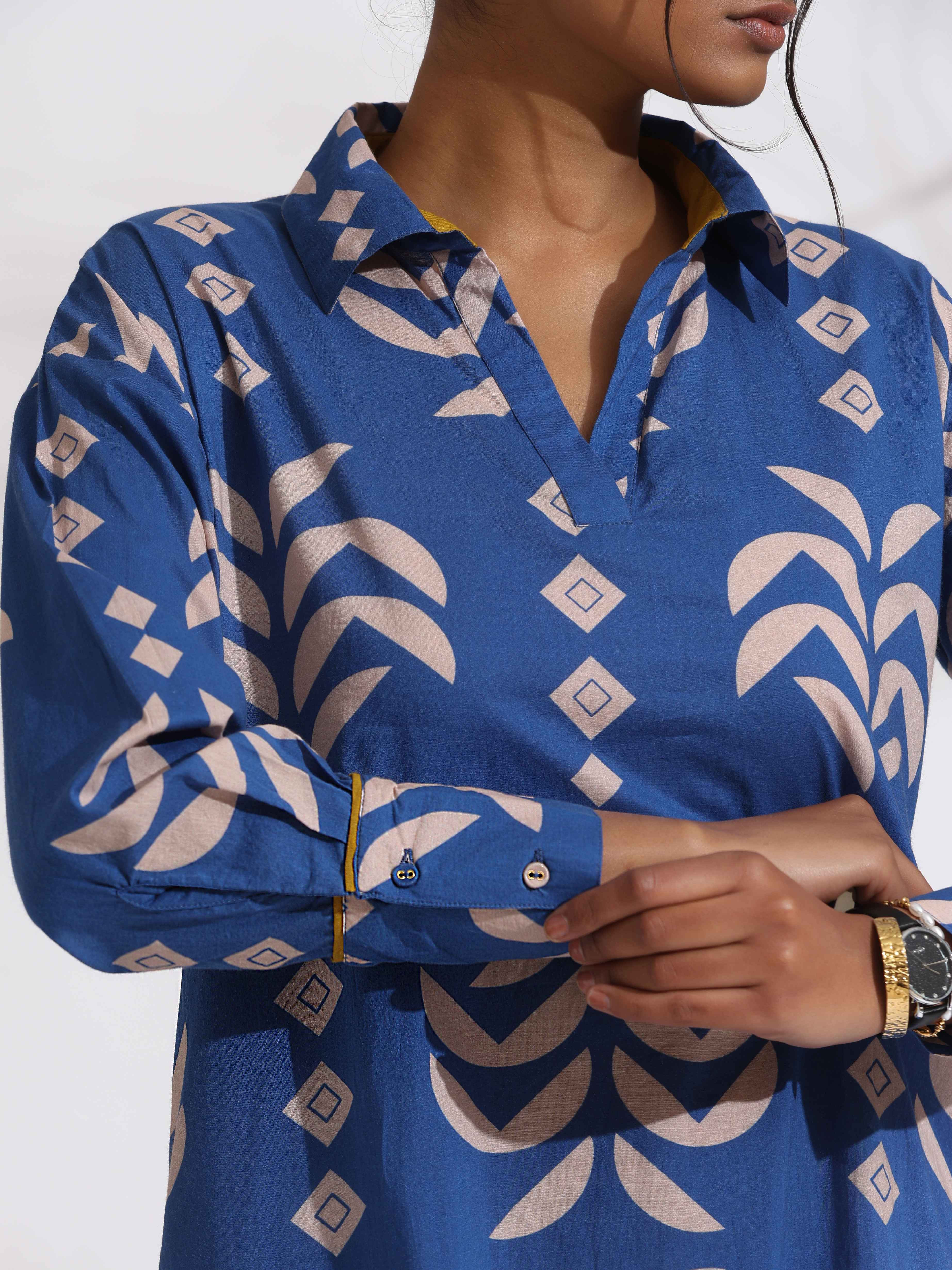 trueBrowns Blue Cotton Stripe Print Kurta Set | Grocsy