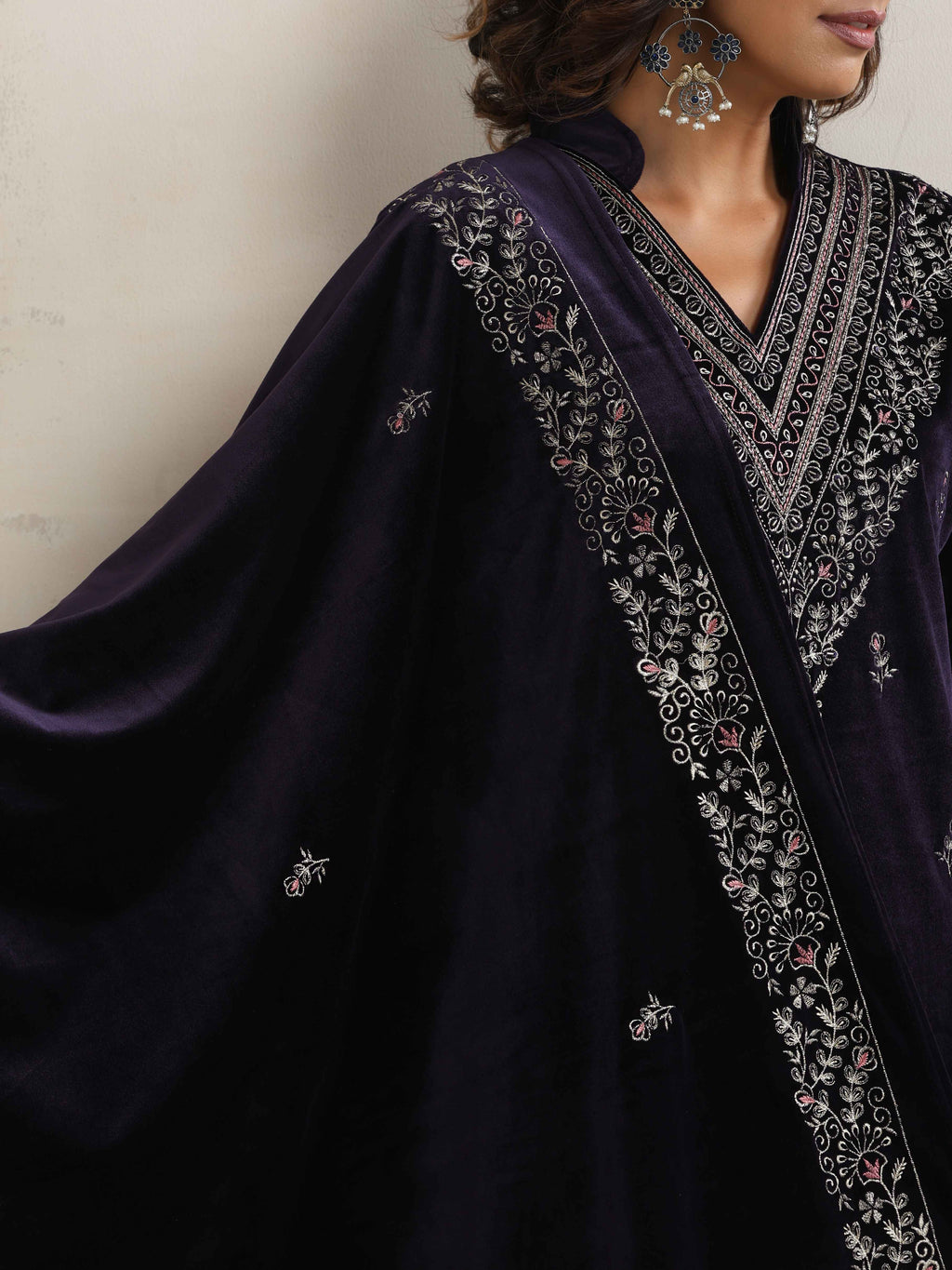 trueBrowns Purple Velvet Embroidered Kurta Pant Dupatta Set | Grocsy