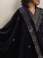 trueBrowns Purple Velvet Embroidered Kurta Pant Dupatta Set | Grocsy