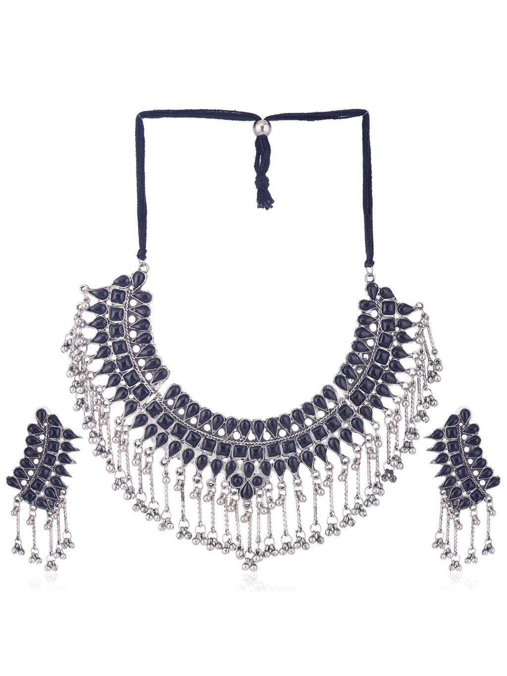 Cardinal Silver-Plated Black Stone Studded Jewellery Set | Grocsy