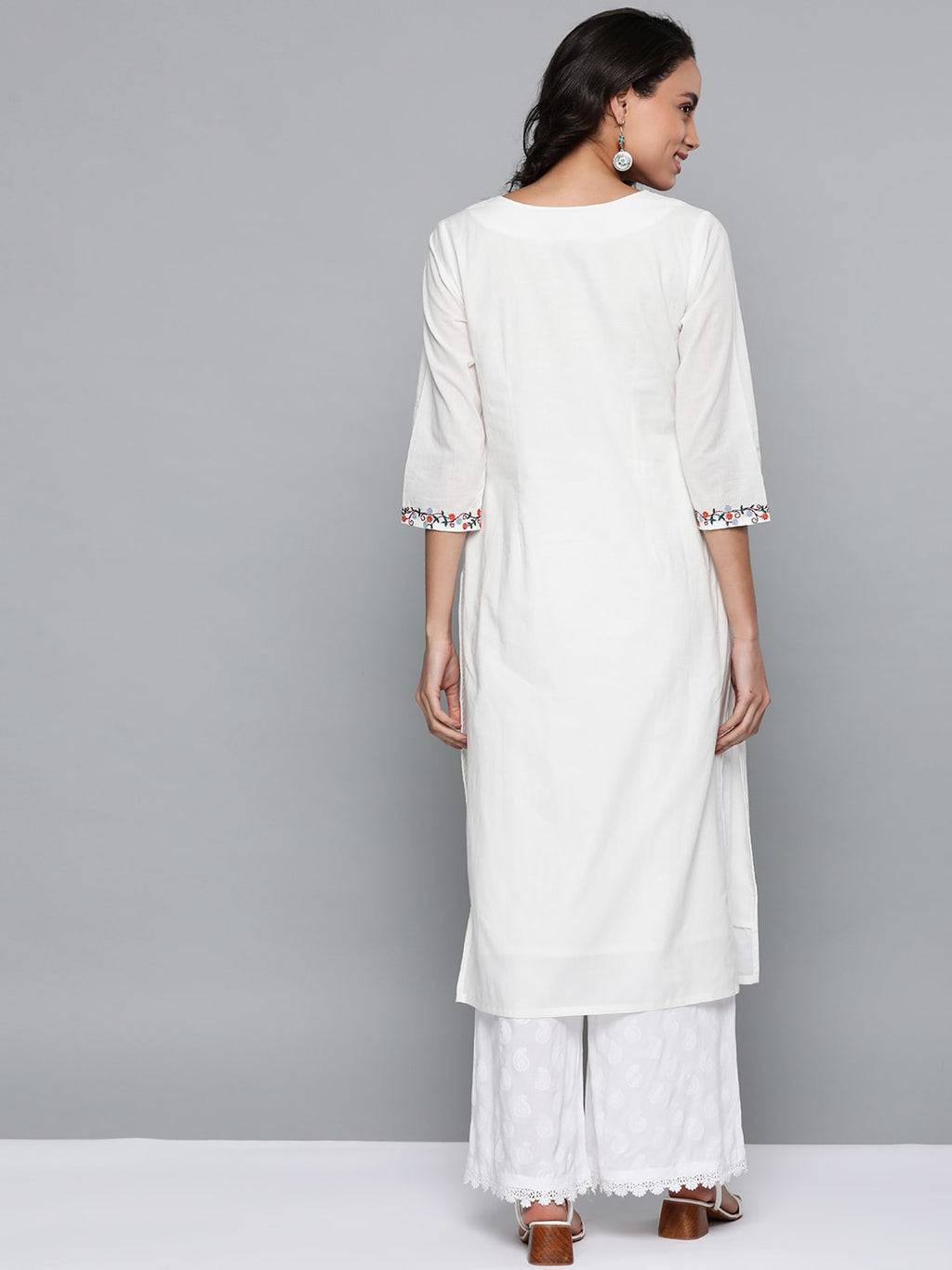 HERE&NOW Women White Cotton Straight Thread Work Kurta | Grocsy