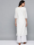 HERE&NOW Women White Cotton Straight Thread Work Kurta | Grocsy