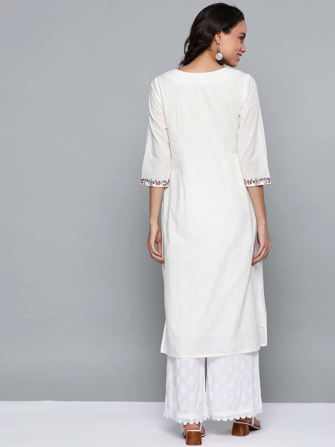 HERE&NOW Women White Cotton Straight Thread Work Kurta | Grocsy