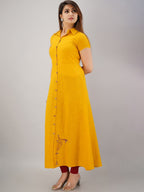 HERE&NOW Mustard Yellow Shirt Collar Thread Work A-Line Kurta | Grocsy