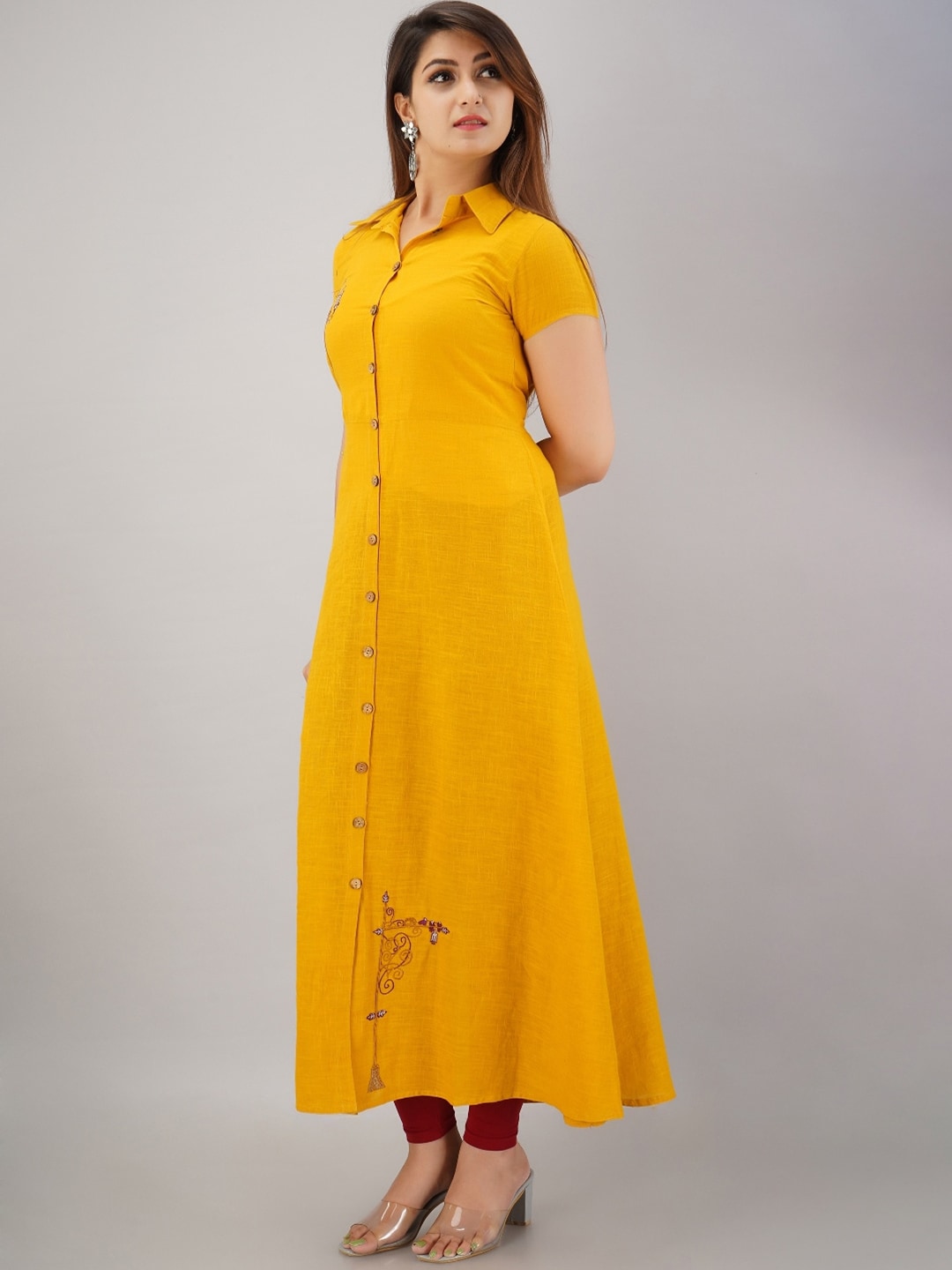 HERE&NOW Mustard Yellow Shirt Collar Thread Work A-Line Kurta | Grocsy