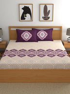 Dreamscape Purple & Cream-Coloured 144 TC Bedsheet with Pillow Covers | Grocsy