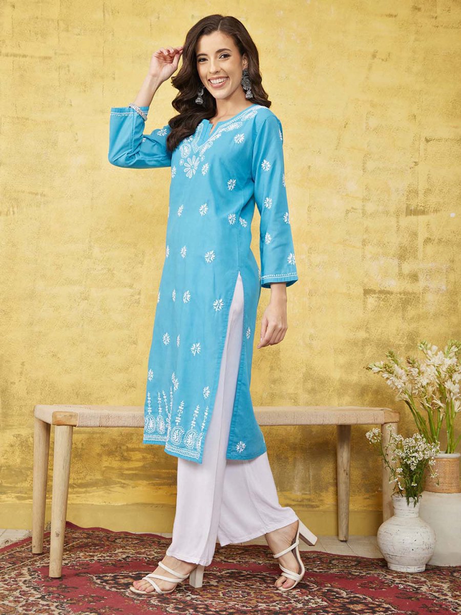 ADA Floral Lucknowi Chikankari Straight Kurta | Grocsy