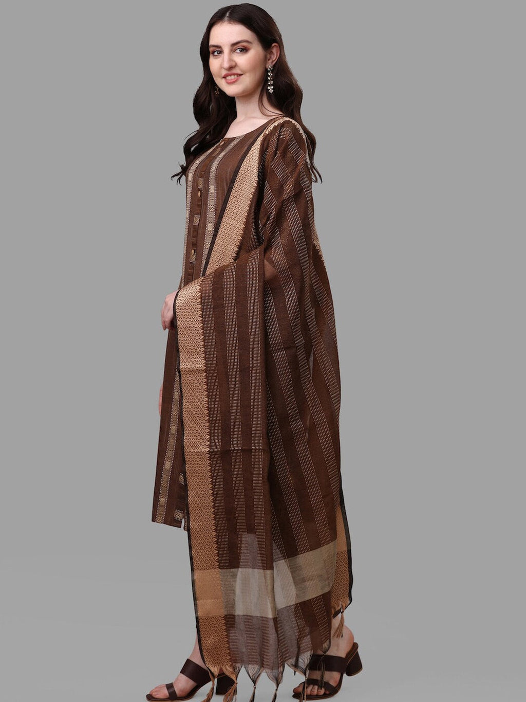 HERE&NOW Brown Striped Regular Pure Cotton Kurta With Trousers & Dupatta | Grocsy