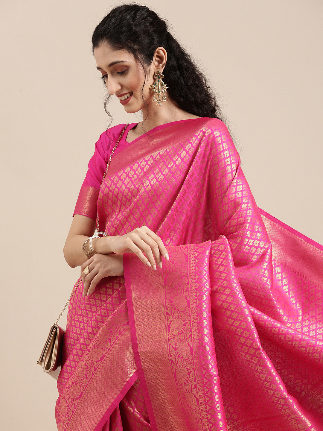 Saree Mall Pink Ethnic Motifs Zari Silk Blend Banarasi Saree For Women | Grocsy