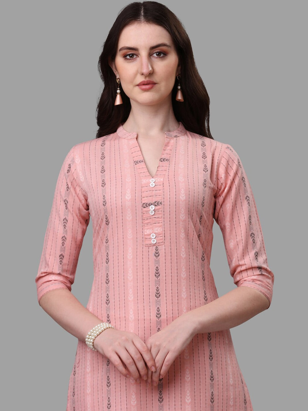 HERE&NOW Women Peach Striped Pure Cotton Kurta with Trousers & With Dupatta | Grocsy