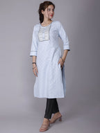 HERE&NOW Women Blue Yoke Design Pure Cotton Thread Work Kurta | Grocsy