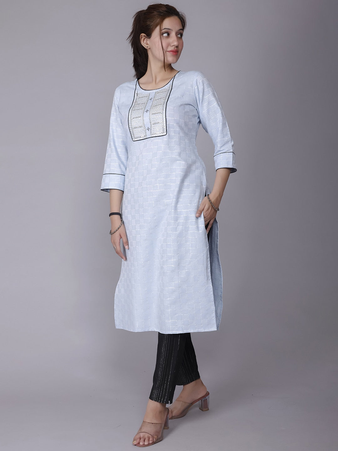 HERE&NOW Women Blue Yoke Design Pure Cotton Thread Work Kurta | Grocsy