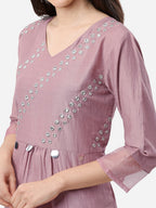HERE&NOW Women Mauve Embroidered Pleated Mirror Work Kurta with Trousers | Grocsy