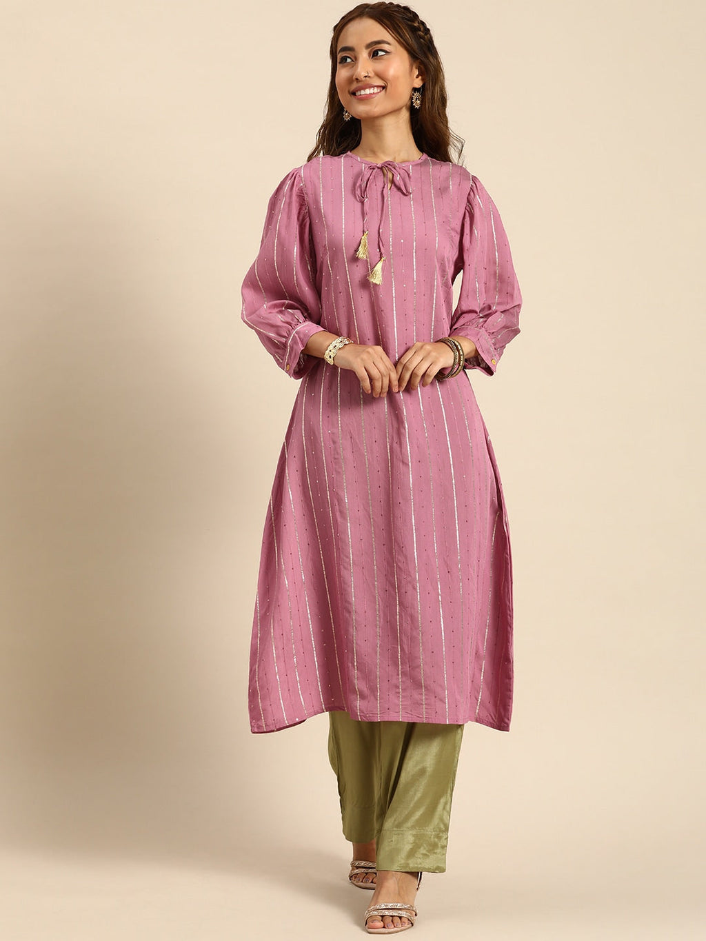 Sangria Women Tie-Up Neck Jacquard Sequinned Chanderi Silk Kurta | Grocsy