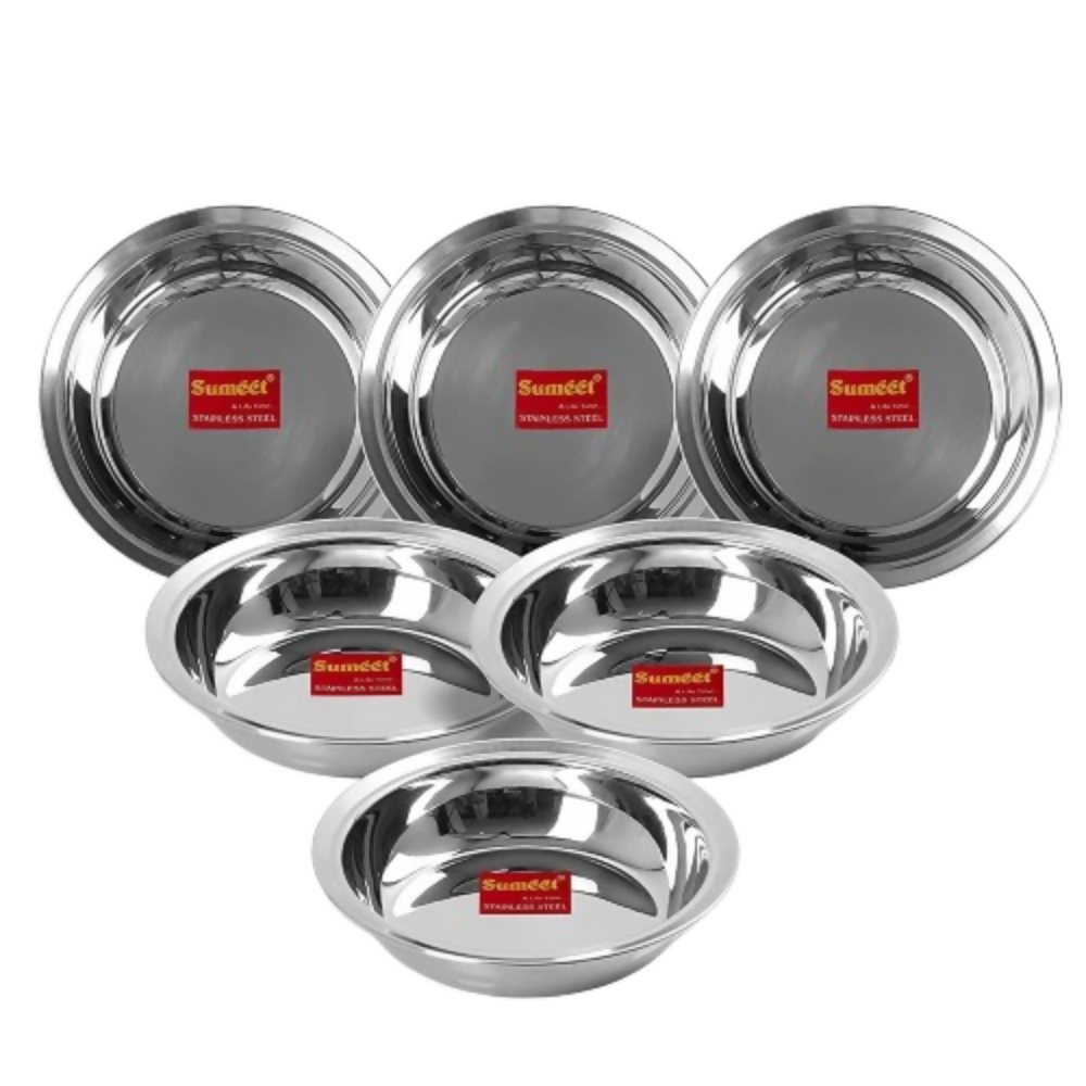 Sumeet Stainless Steel Heavy Gauge Multi Utility Serving Plates with Mirror Finish 19cm Dia | Grocsy