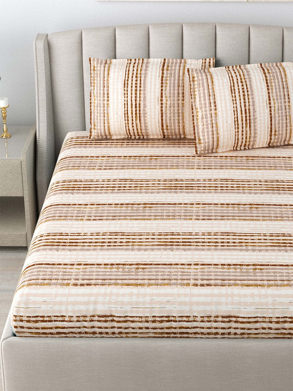 DREAM WEAVERZ Beige & Brown Striped Pure Cotton 220 TC King Bedsheet With 2 Pillow Covers | Grocsy