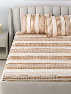 DREAM WEAVERZ Beige & Brown Striped Pure Cotton 220 TC King Bedsheet With 2 Pillow Covers | Grocsy