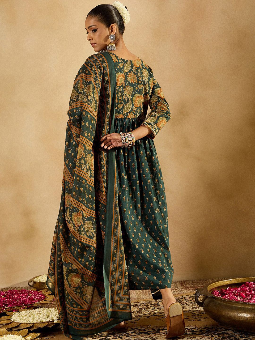 Indo Era Floral Printed Empire Pure Cotton A-Line Kurta With Trousers & Dupatta | Grocsy