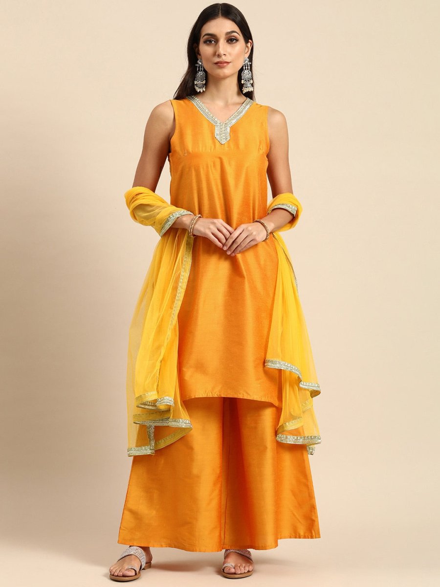 All About You Women Mustard Yellow Ethnic Motifs Embroidered Gotta Patti Kurta with Palazzos & With Dupatta | Grocsy