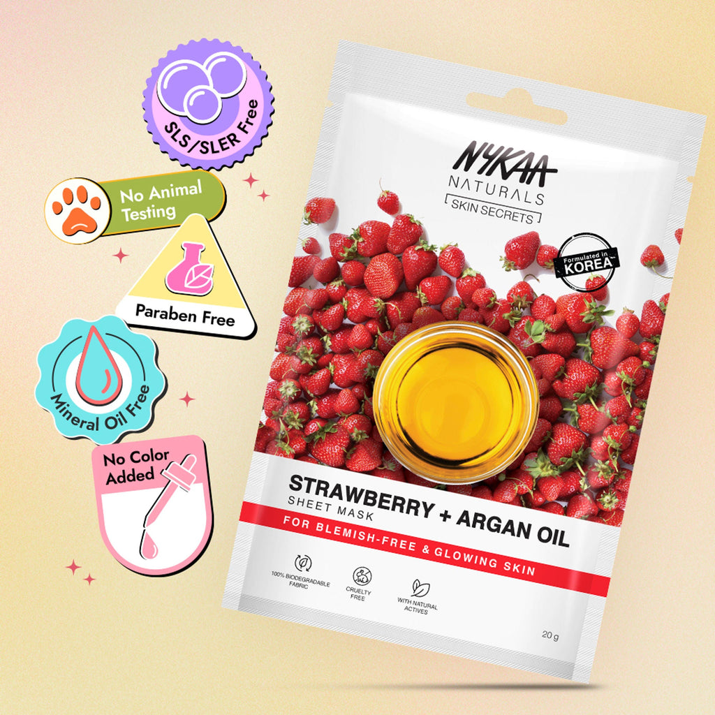 Nykaa Strawberry + Argan Oil Sheet Mask For Acne Prone Skin - Formulated In Korea | Grocsy