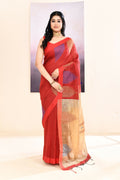 Piyari Fashion Women's Maroon Temple Border Embellished Cotton Blend Jamdani Saree | Grocsy