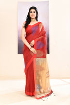Piyari Fashion Women's Maroon Temple Border Embellished Cotton Blend Jamdani Saree | Grocsy