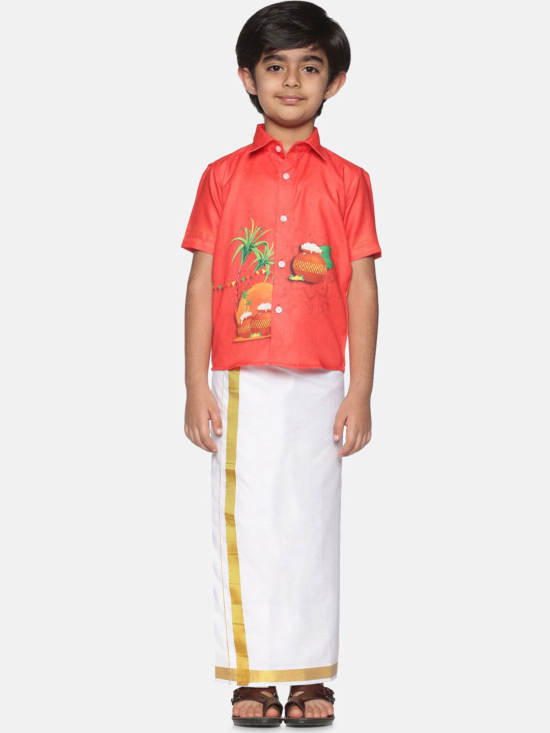Sethukrishna Boys Red & White Printed Shirt with Dhoti | Grocsy