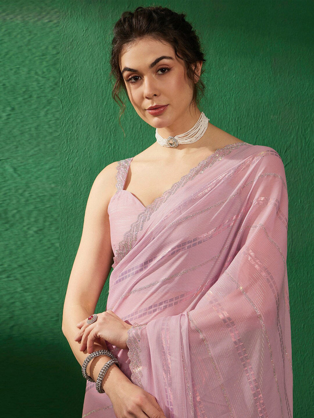 Sangria Striped Embellished Saree | Grocsy