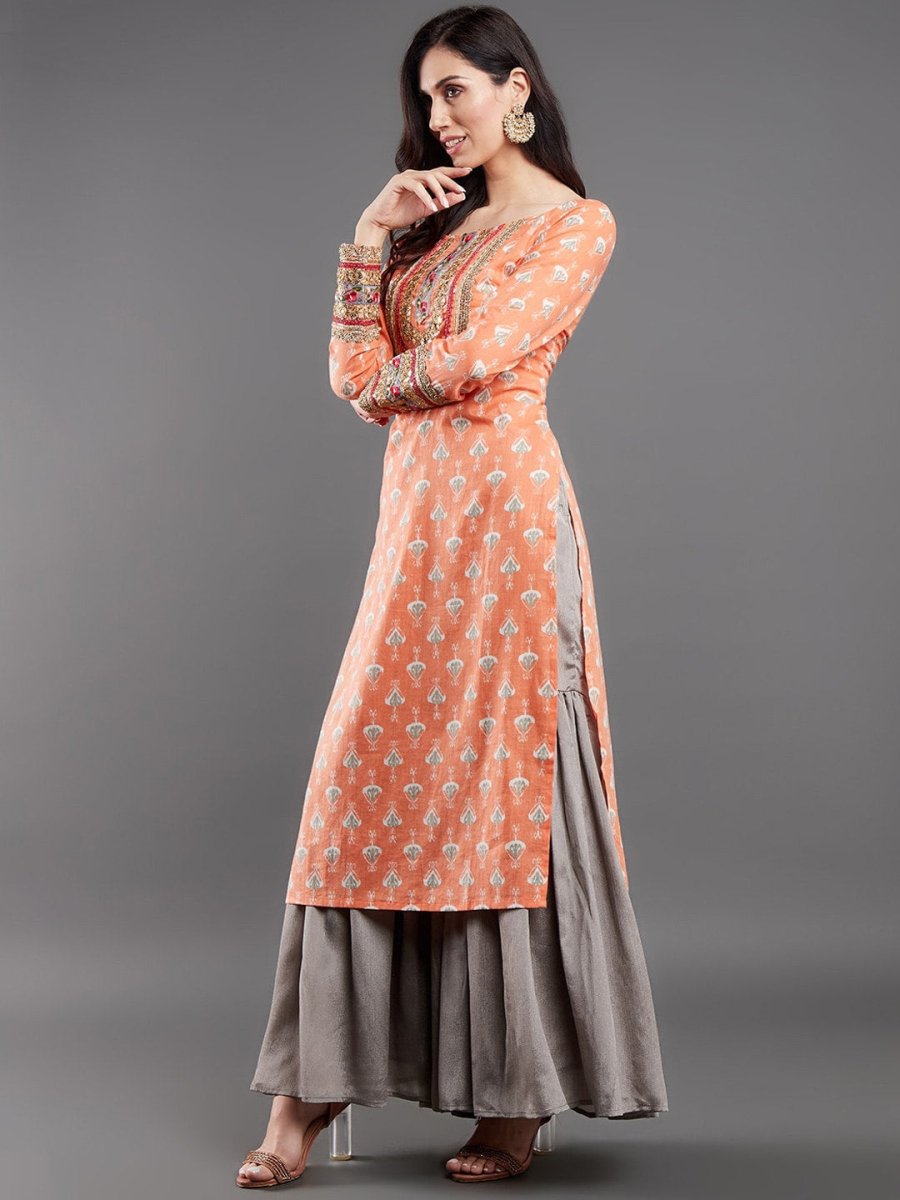 Aks Ethnic Motifs Printed Sequinned Pure Cotton A Line Kurta | Grocsy