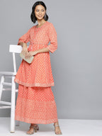 HERE&NOW Ethnic Motifs Print High Slit Cotton Kurta with Sharara | Grocsy