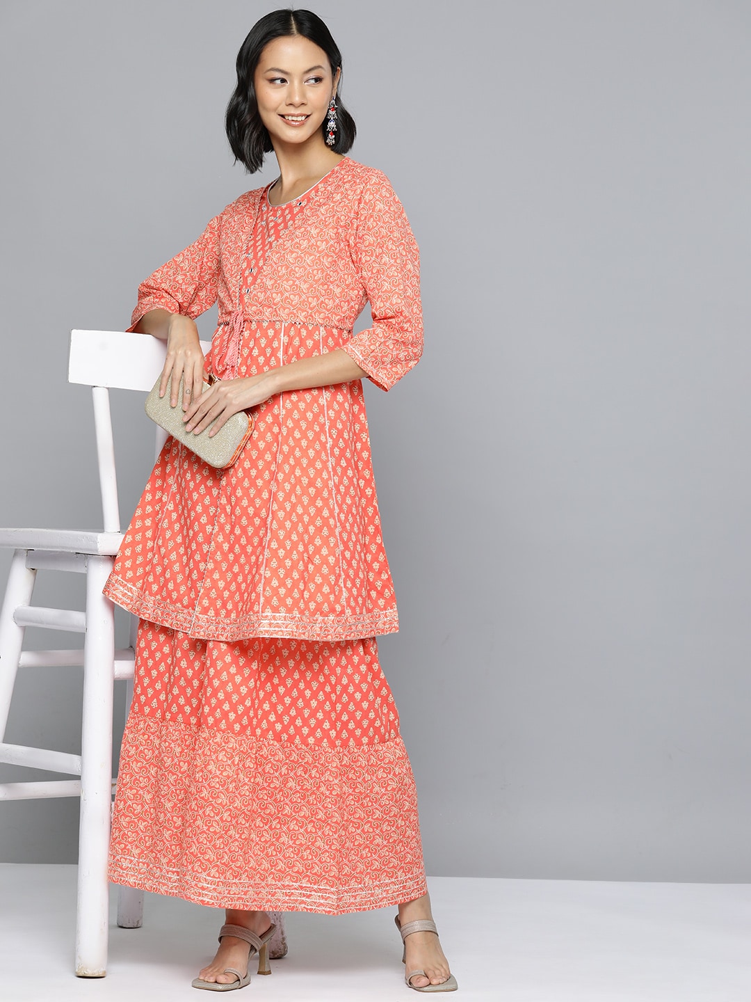 HERE&NOW Ethnic Motifs Print High Slit Cotton Kurta with Sharara | Grocsy