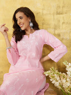 ADA Women Pink & White Chikankari Embroidered Straight Sustainable Handloom Kurta | Grocsy
