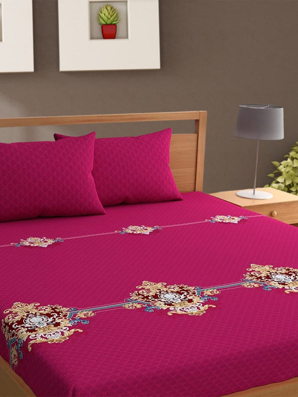 Bajo's Pink & Cream-Coloured Printed Cotton 210 TC King Bedsheet with 2 Pillow Covers | Grocsy