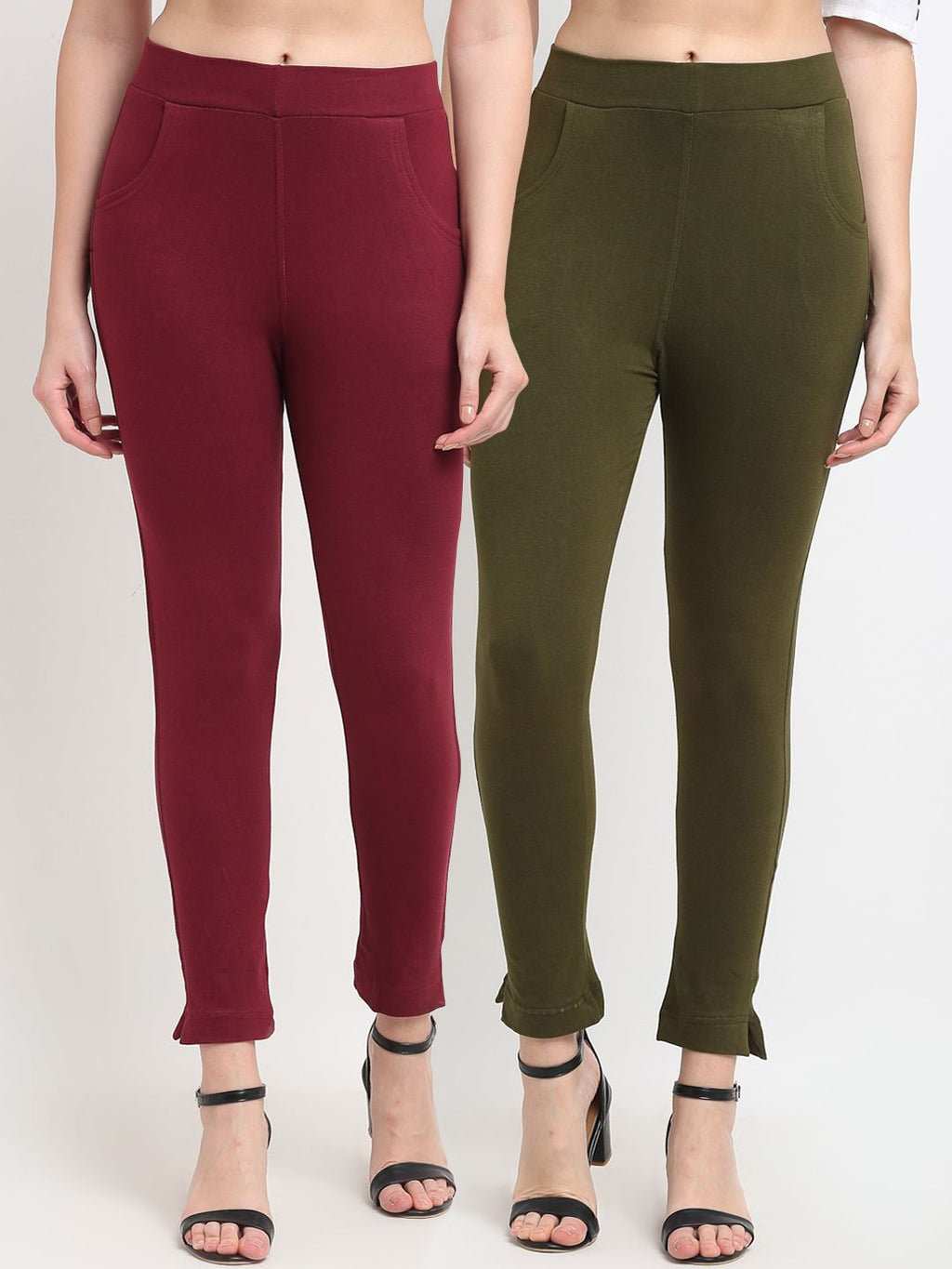 TAG 7 Women Maroon & Olive Green Pack of 2 Leggings | Grocsy